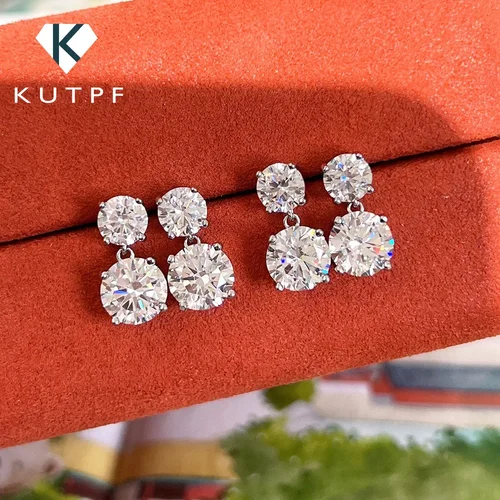 5.6cttw D 컬러 라운드 브릴리언트 컷 Moissanite 다이아몬드 드롭 귀걸이 인증서 925 스털링 실버 스터드 귀걸이 여성을위한 