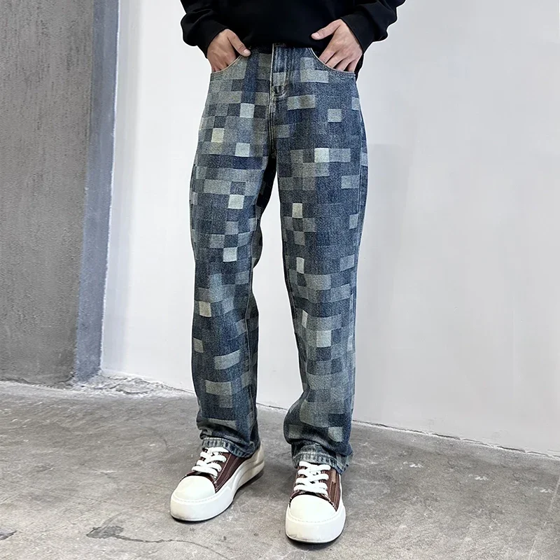 

Checkerboard Light Luxury Jeans Men Streetwear Loose Casual Plaid Denim Straight Wide Leg Baggy Jeans Pants Men Cowboy Trousers