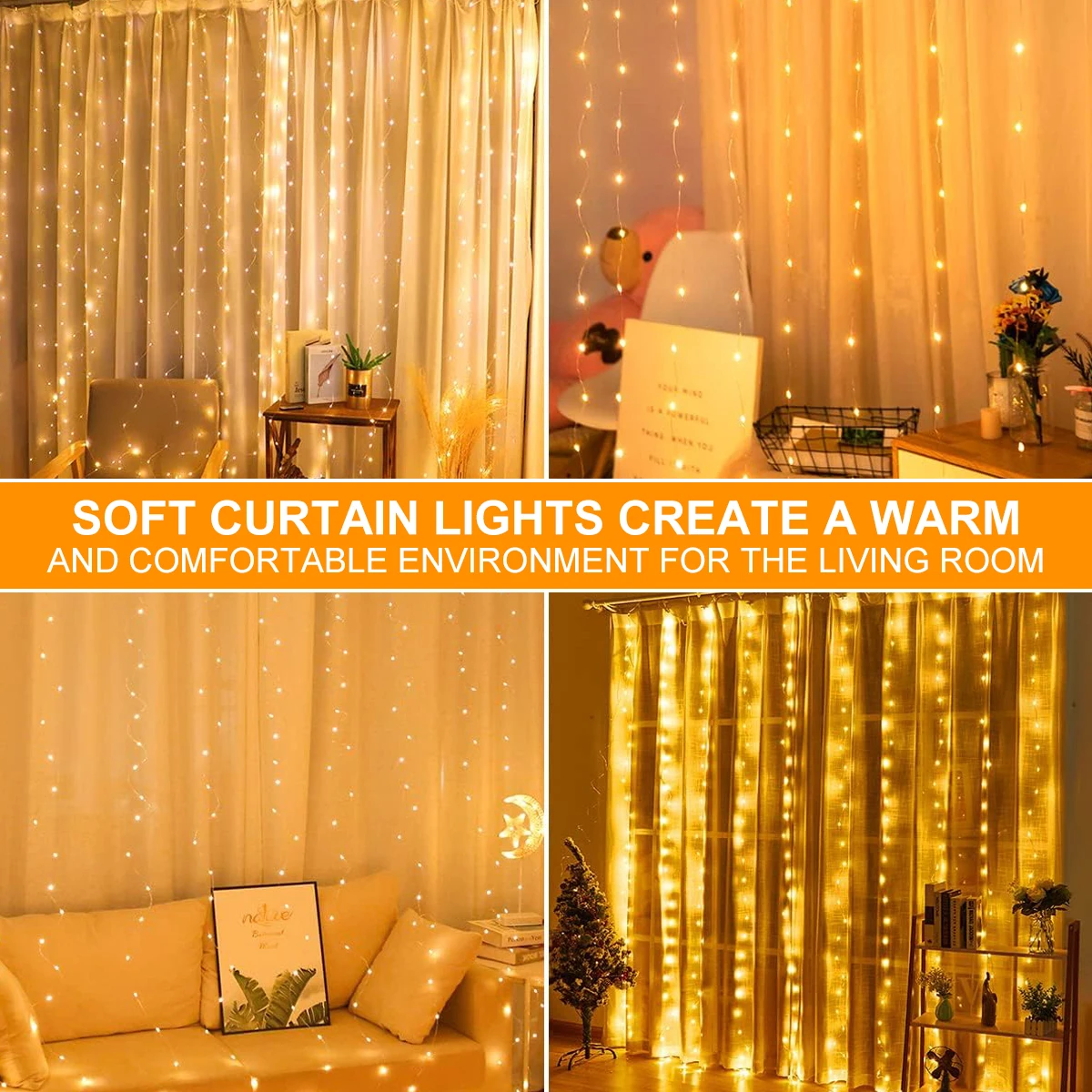 1pc Curtain Lights, 300 LED Curtain Fairy String Lights With Remote, USB 8 Modes 9.8 × 9.8 Ft , Waterproof, Window Room Decor