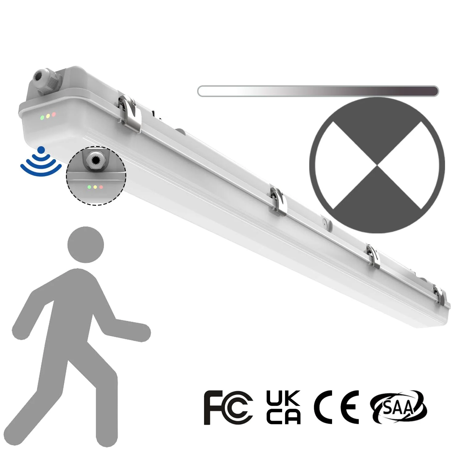 Sensore di movimento a tre livelli da 4 piedi LED Luce di emergenza impermeabile Batteria di backup IP65 40W 5000lm Luci da negozio strette per vapore dimmerabili