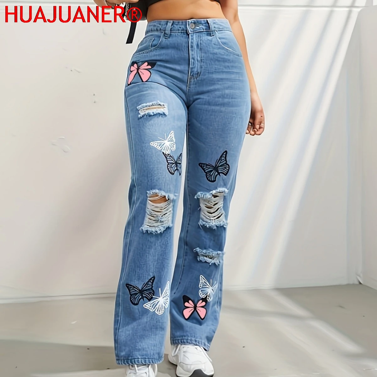 Butterfly Printing Denim Trousers Women Holes Jeans Straight Pants High Waist Loose Fit Vintage 2026 Casual Distressed Denims