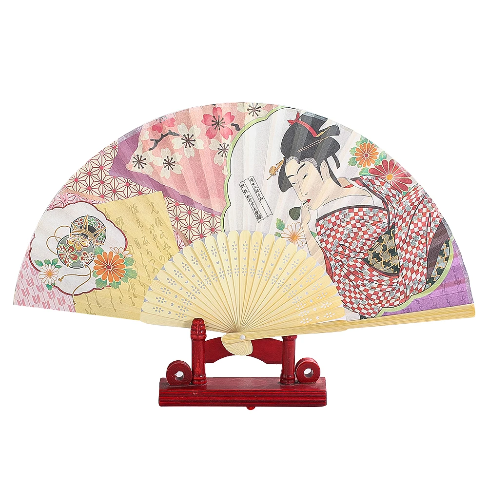 

21cm Painting Japanese Style Sakura Cherry Blossom Flower Woman Kimono Geisha Paper Bamboo Folding Stage Fan Dance Props Decor