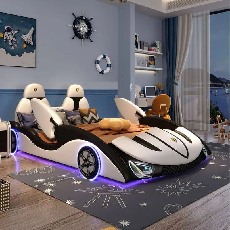 Children's bed Boys solid wood car with guardrail 1.5 Children's bed 1.2 to 16 years old Creative double room Leather