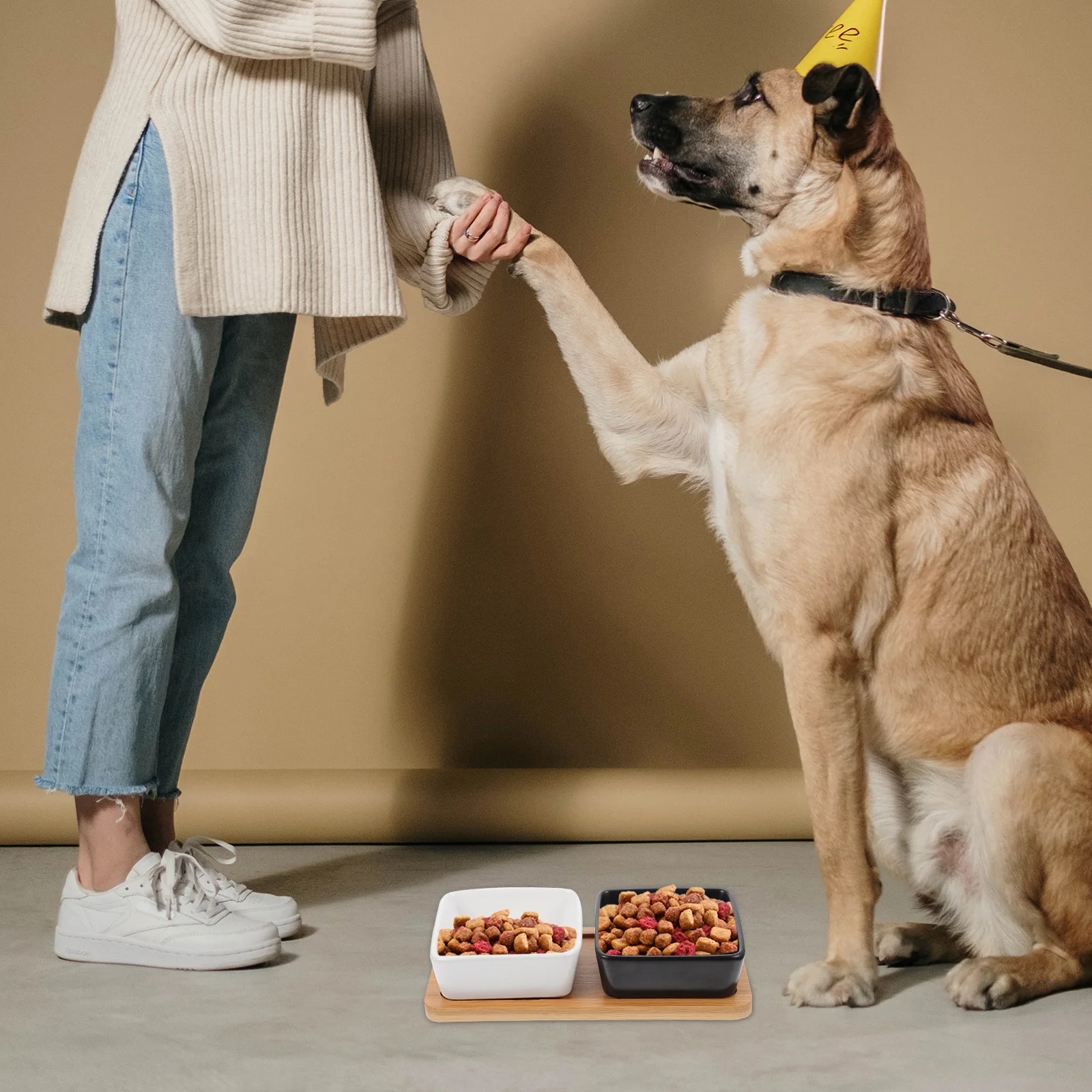 

1Set Cat Dog Eating Drinking Bowl with Wooden Base Non-Tip Safe Eco-Friendly Smooth Surface Multi-Function Pet Food Water