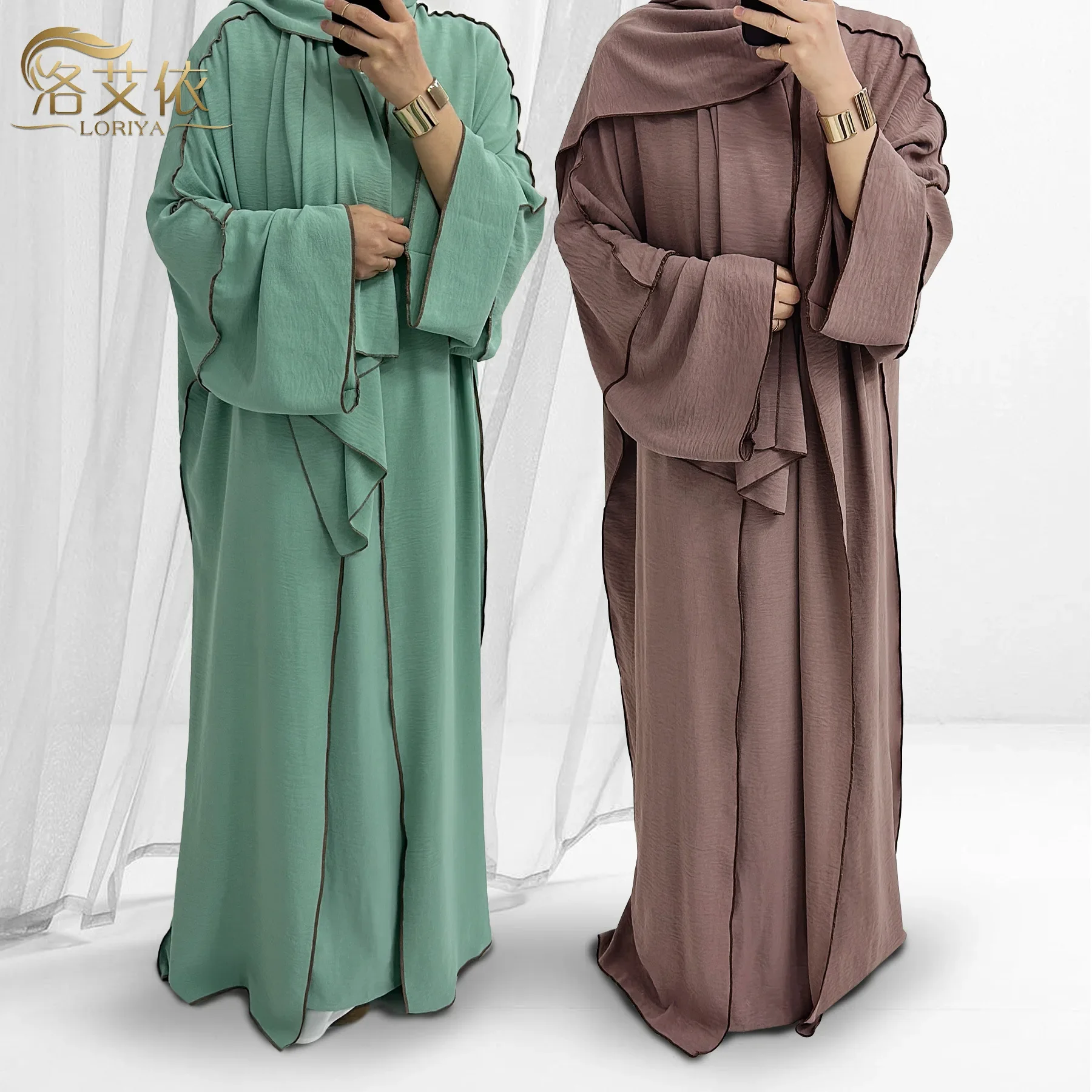 Turquia dubai abayas muçulmano conjunto cardigan volta interna e turbante muçulmano longo robes de três peças muçulmano aberto abayas para vestido feminino