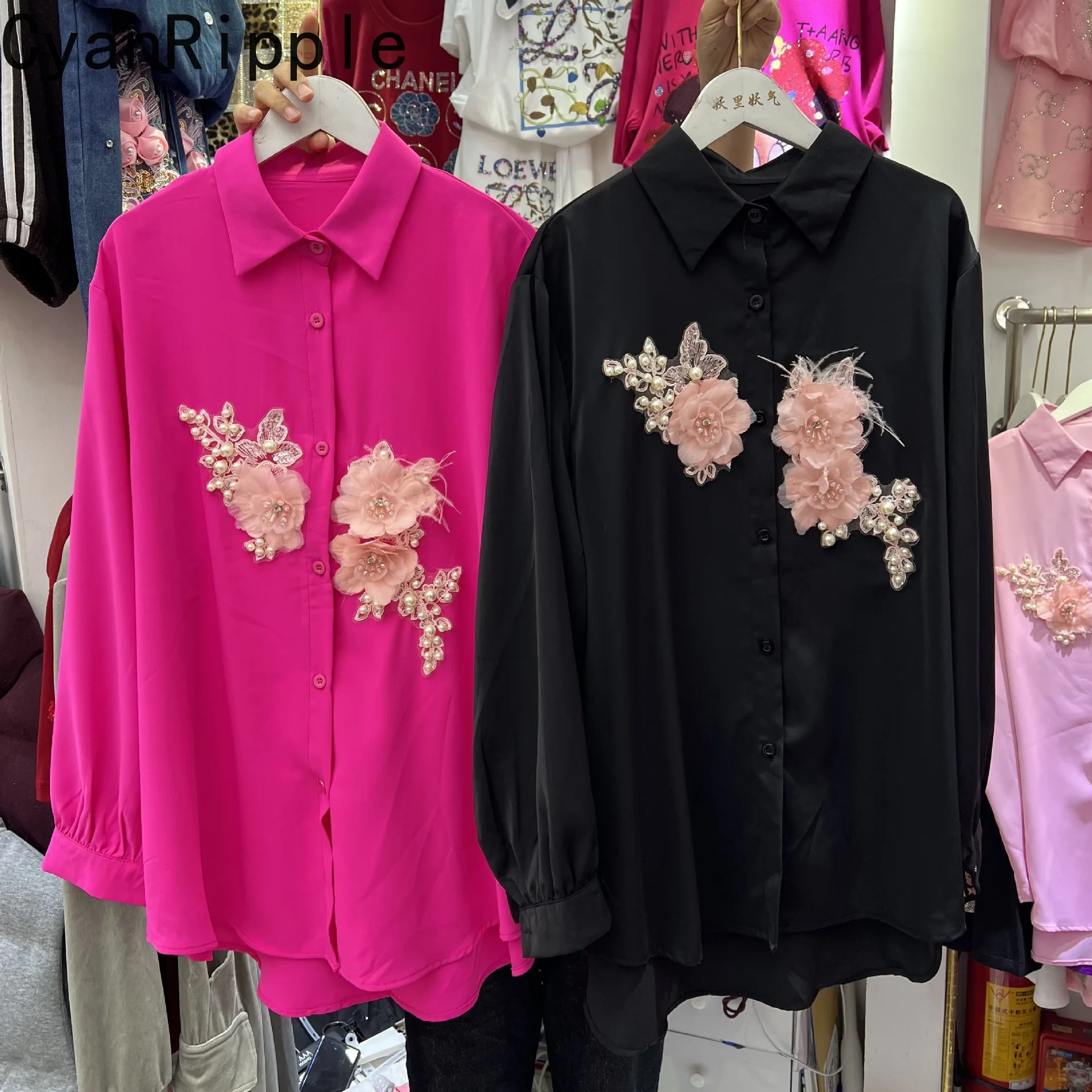 Fashion New Spring Autumn Long Sleeve Women Blouses Beading Flowers Turn-down Collar Loose Cardigans Top Long Sleeve Shirts