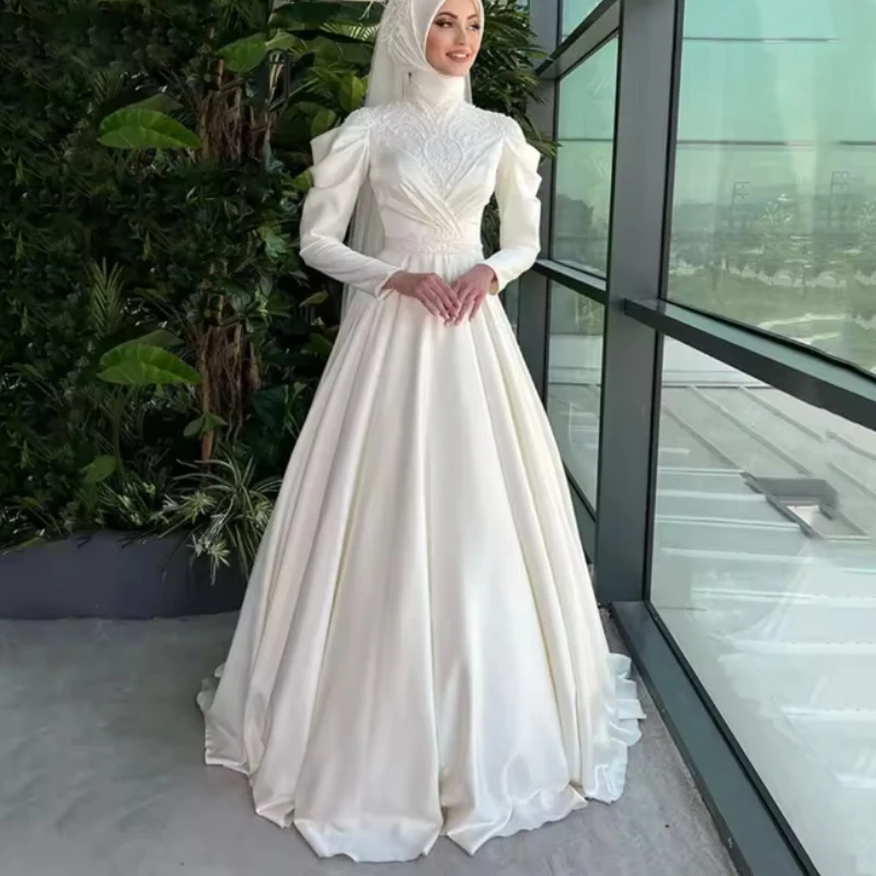 

Wedding Dresses for Hijab Women High Neck Long Sleeve Fashion Bride Dress Appliques Draped Sweep Train Bridal Gown Customized