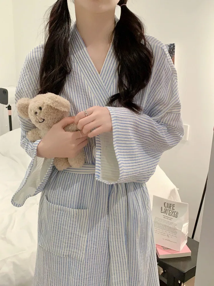 

Simple Fre Striped Pure Cotton Spwear Women's Long Sve Outerwear Home Clothes Robe Spring Autumn Summer V-ne Belted