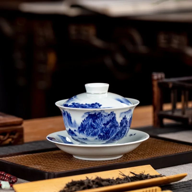 Jingdezhen Antique Mud Blue and White Thousand-Li Landscape Ceramic Gaiwan Household Set Cover Teacup Saucer