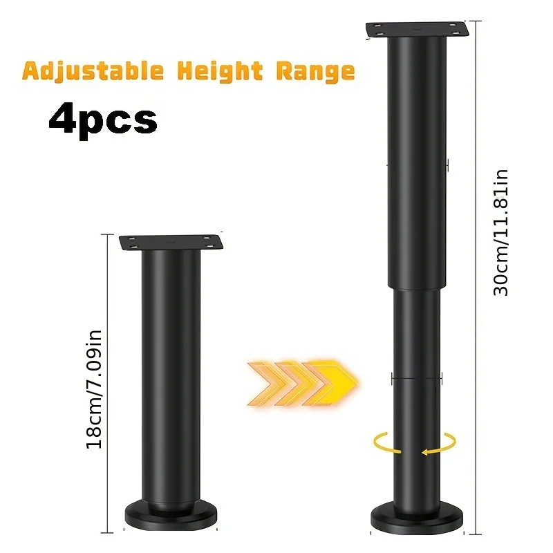 (4 Buah) Kaki Logam Tugas Berat Dapat Disesuaikan Tingginya - Konstruksi Kokoh, Lapisan Hitam Matte, untuk Rangka Tempat Tidur, Sofa, Lemari, Meja