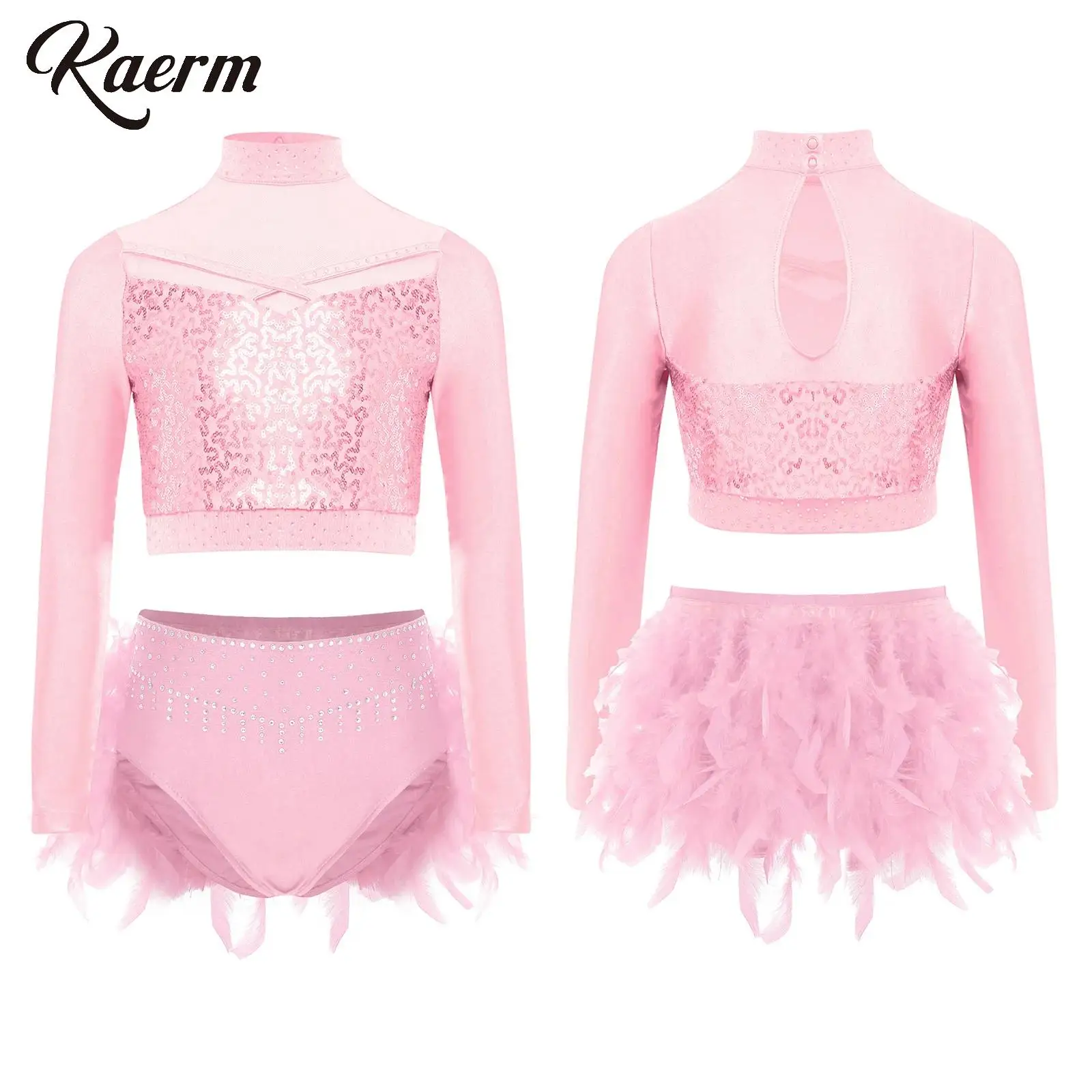 

Kids Girls Gymnastics Figure Skating Ballet Dance Performance Costume Rhinestones Sheer Mesh Sequin Crop Top with Feather Skirt