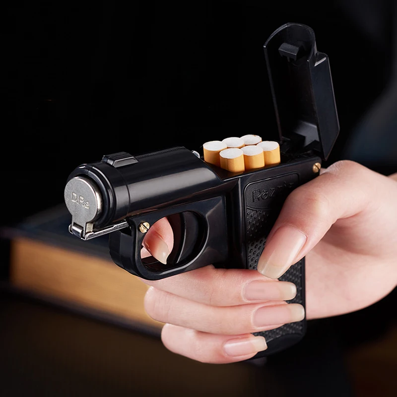 Windproof Kerosene Gun Lighter Pistol-shaped Cigarette Box Case Dual-purpose Lighters Hold 6 PCS Cigarette Gifts for Men