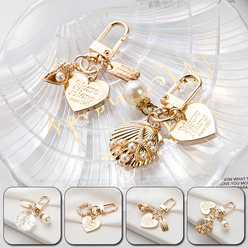 Shell Pendant Keychain for Women Girls Heart Mini Pearl Keyring Fashion Elegant Letter Label Imitation Handbag  Pendant Keyring