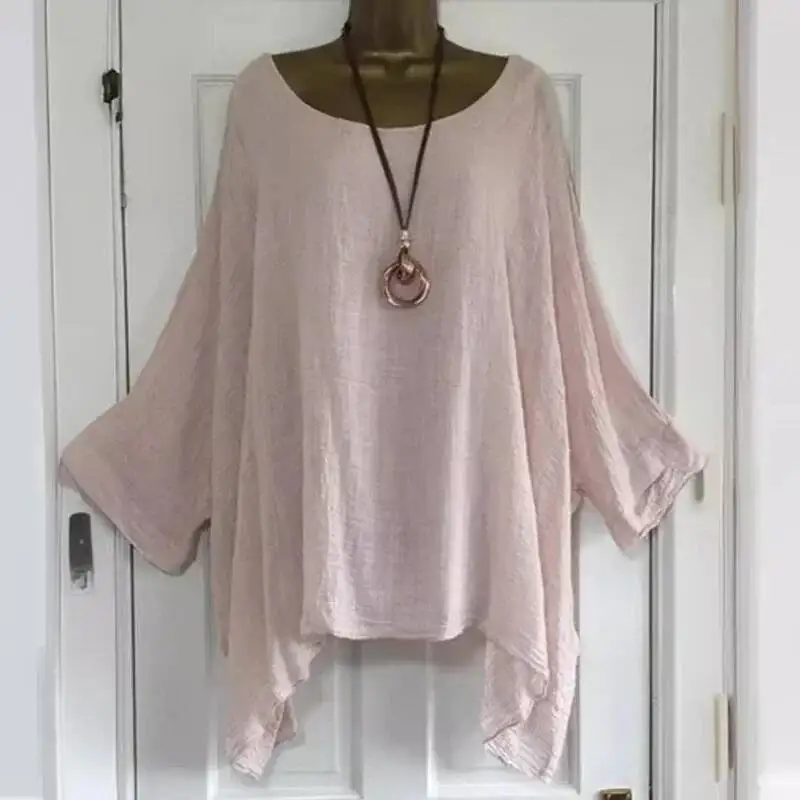 2024 النساء تي شيرت حجم كبير 5XL تي شيرت الكتان س الرقبة قميص فضفاض غير رسمي الصيف الخريف جديد الصلبة Batwing كم طويل