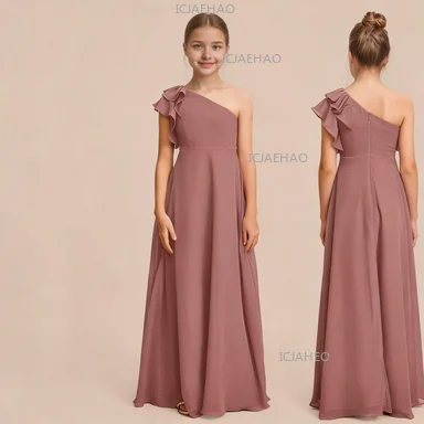 

Элегантное платье для девочек-подружек невесты на вечеринку, день рождения, шикарное, на одно плечо, А-силуэт, из шифона, детская одежда