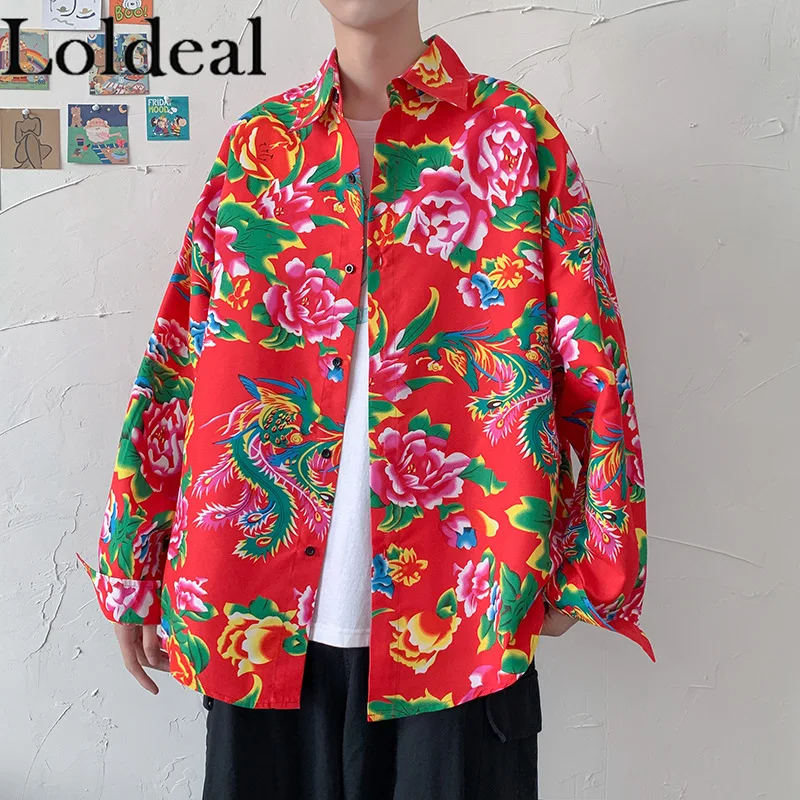 Loldeal Long-sleeved Men's Loose Northeast Large Flower Shirt Ethnic Characteristic Peony Flower Shirt