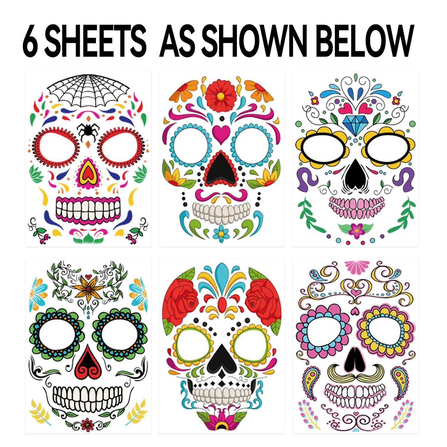 وشم يوم الموتى الوجه وديكورات يوم الموتى المطلية بالهيكل العظمي، مناسبة كإكسسوارات ومفضلات الحفلات.