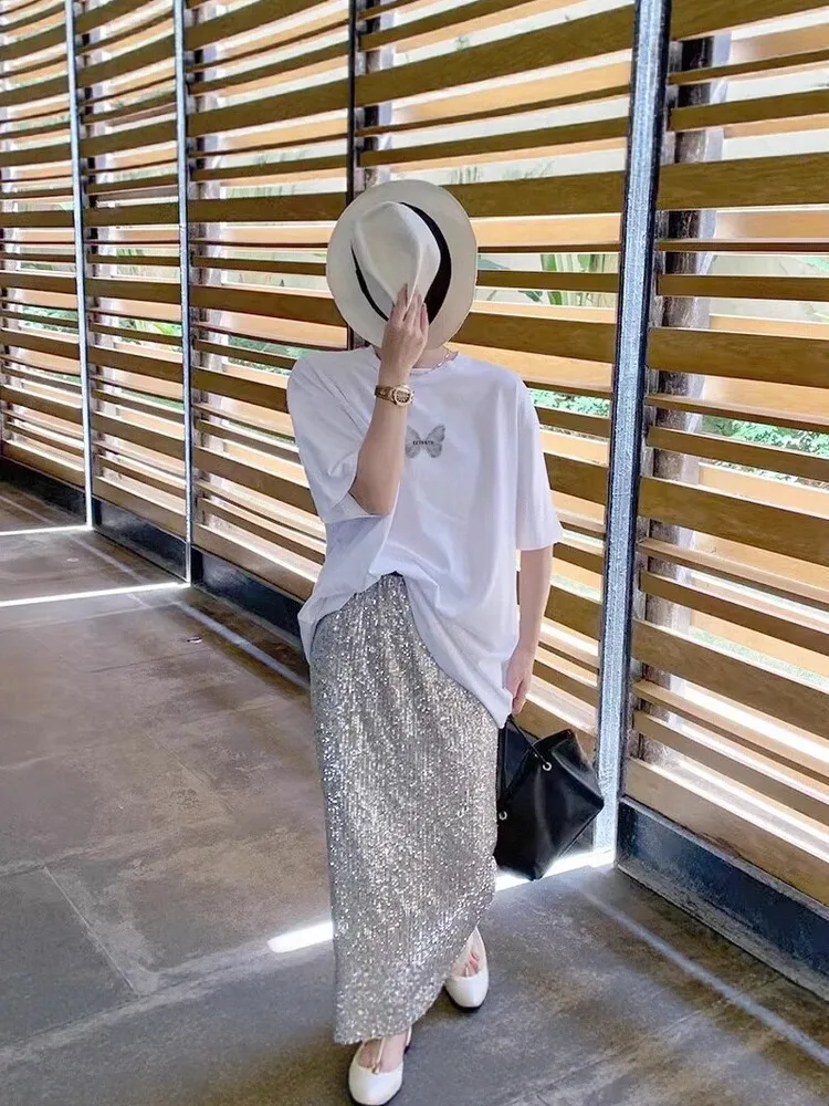 

Rouje Dsyle Летняя футболка ort Sve Женская длина миди Missing Bot Body Белый принт Свободный крой круглый Ne