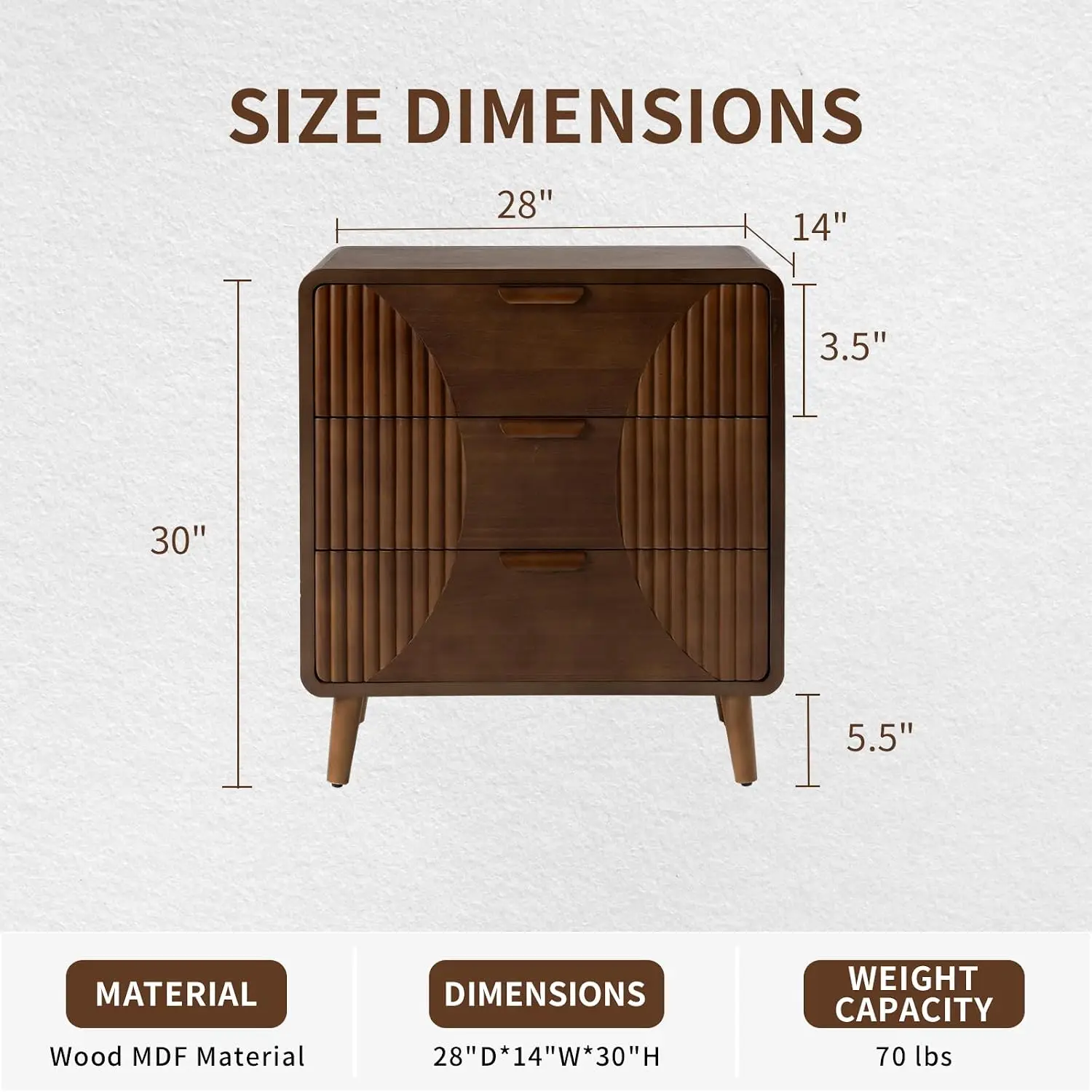 Tall Nightstand with 3 Drawers Mid-Century Modern Fluted Bedside Table Walnut Wood Accent Cabinet Storage Bedroom, Customized