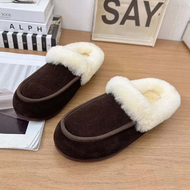 

Меховые женские тапочки на плоской подошве, теплые туфли-лодочки с открытой спиной, модные уютные хлопковые ботинки, зима 2025 года, короткие плюшевые новые зимние ботинки Botas De Mujer