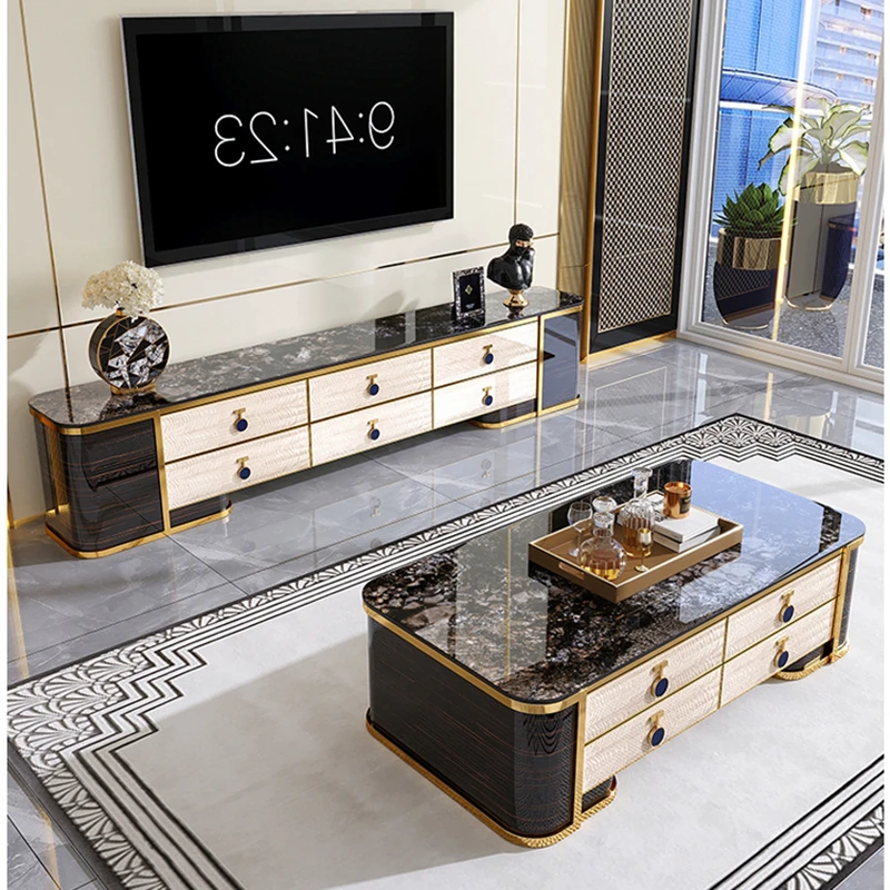 

Super Luxury Furniture Coffee Table Solid Sintered Stone Top Golden Silk Ebony Cabinet Veneer TV Table