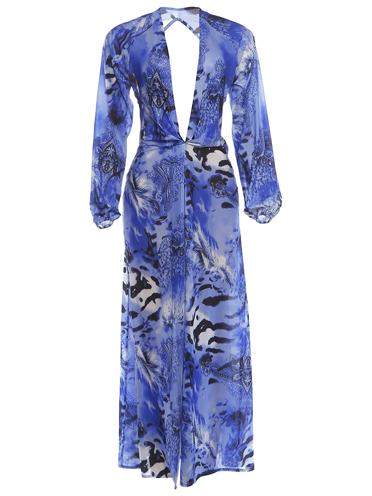 Sisterlinda Rückenfreies langes Kleid für Damen, Herbsttrend, tiefer V-Ausschnitt, Tigerstreifen-Druck, Laternenärmel, Strandparty, elegante Kleider