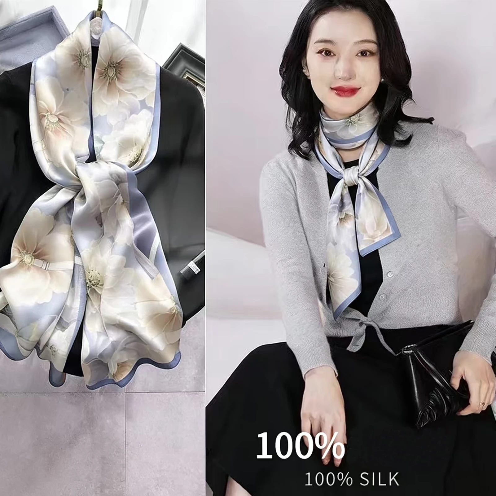 

BYSIFA| Grey Pink 100% Mulberry Silk Scarf for Hair New Floral Design Long Neck Scarves Hijabs Summer Spring Fall Silk Headscarf