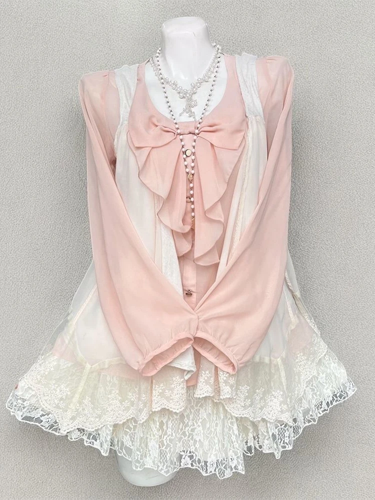 

Lolita Kawaii Комплекты из 3 предметов юбки Топы с длинными рукавами и милым бантом + Элегантный жилет Кардиган + Мини-юбки 2000-х годов Торт Y2k Винтажные костюмы