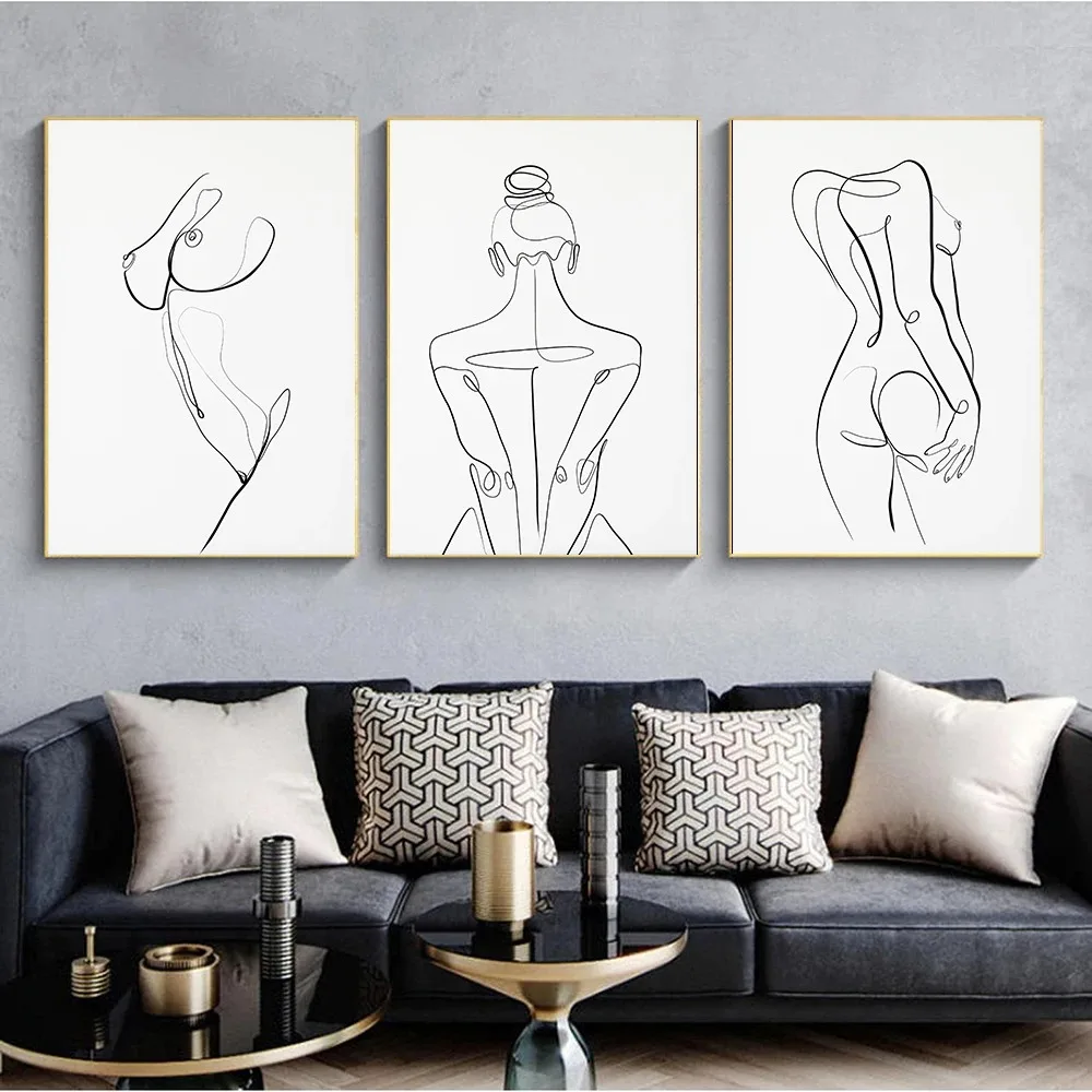 3PCS Woman Body Nude Line Drawing Canvas Painting Abstract Female Picture Art Prints  Poster Bedroom Wall Art Decor