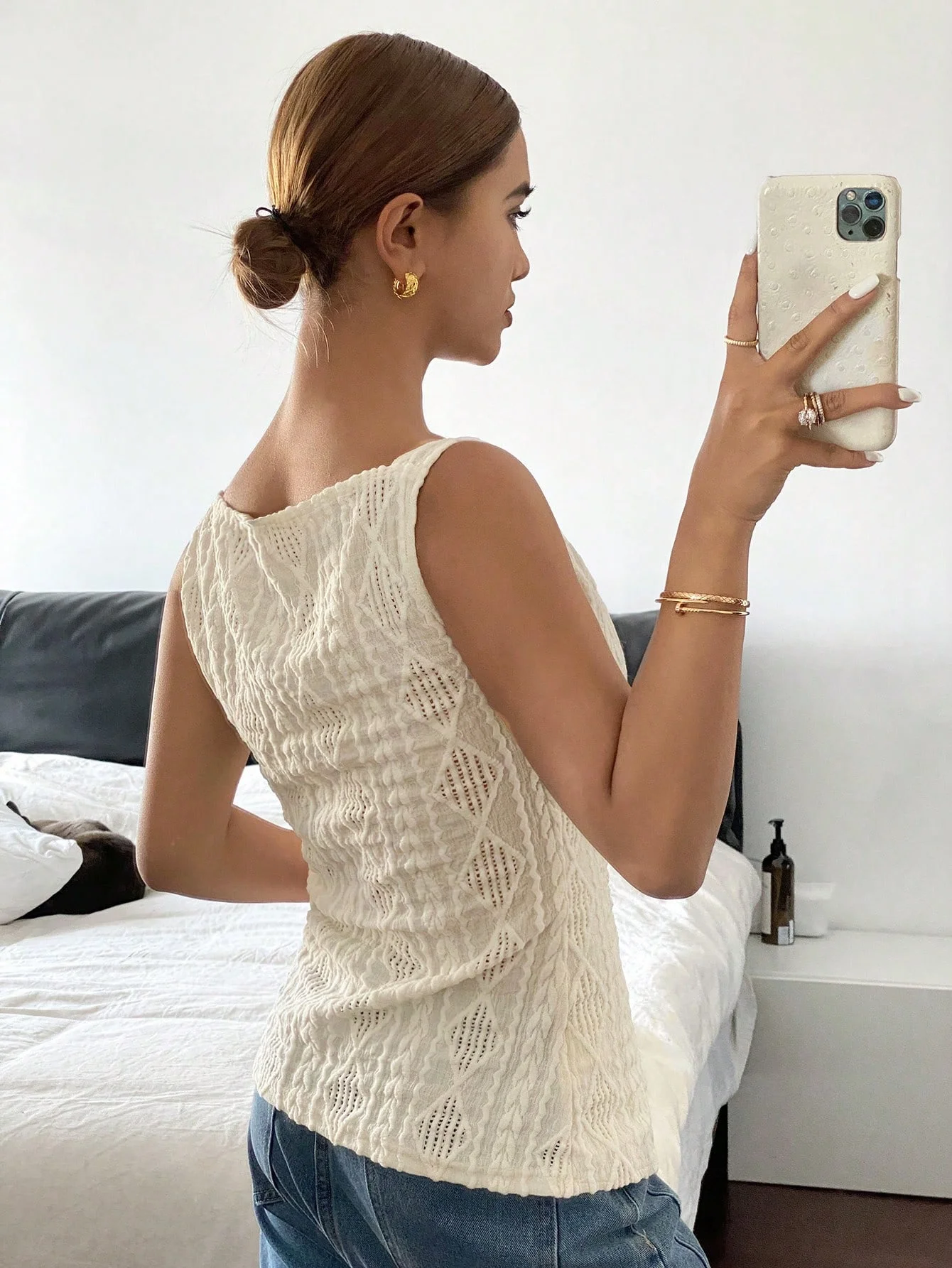 Women's summer sleeveless geometric texture single breasted casual shirt image 2