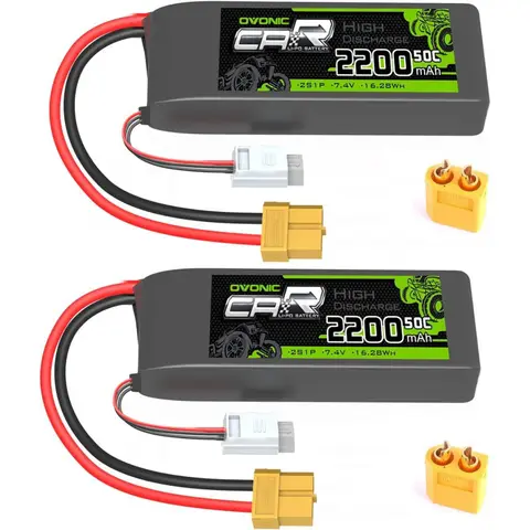 OVONIC 7.4V Lipo 2200 mAh 50C 2S Lipo Battery with XT60 TRA Plug (2 Packs)