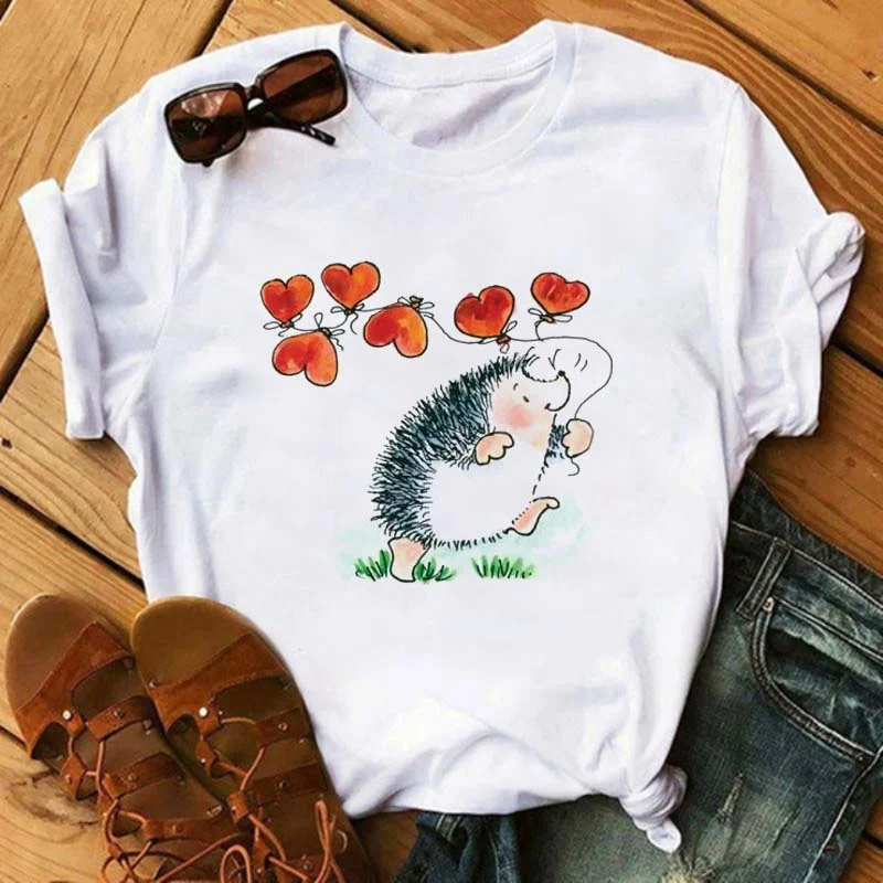 Cute T-shirt Female Hedgehog I Love You Print Tshirt Summer Casual Short Sleeves Tee Tops Kawaii Women Tshirt Streetwear