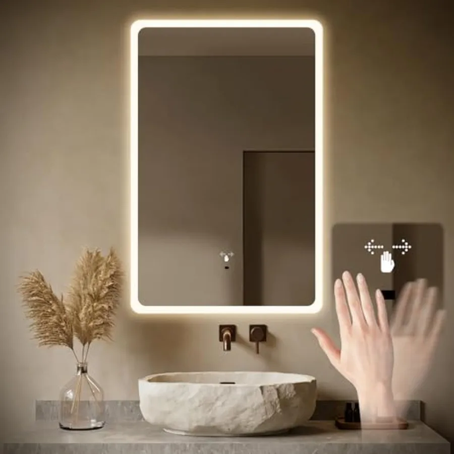 

16 x 24 Inch LED Bathroom Mirror, Hand Scan Sensor Anti-Fog Bathroom Mirror with Lights, Stepless Dimming, Color ing, Lighted B