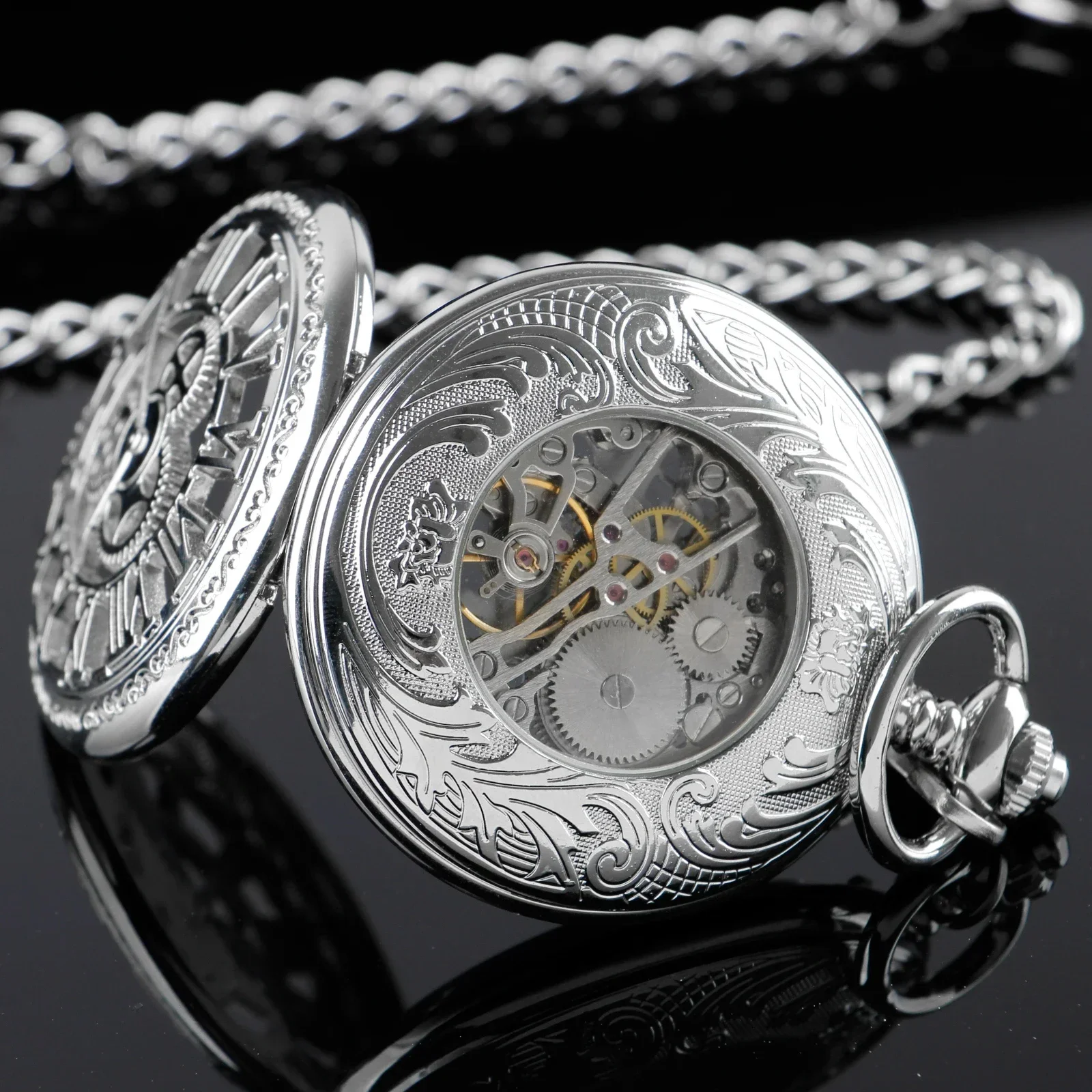 Luxury Silver Mechanical นาฬิกาพ็อกเก็ตสร้อยคอบุรุษสตรีโบราณ Vintage Steampunk Charm Hand Wind Fob Chain นาฬิกาของขวัญ