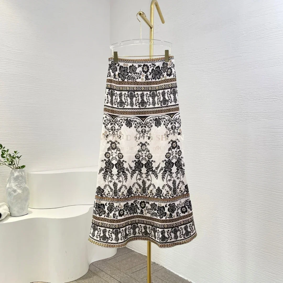 

Black Floral Print High Quality Skirt Linen 2025 New Fashion