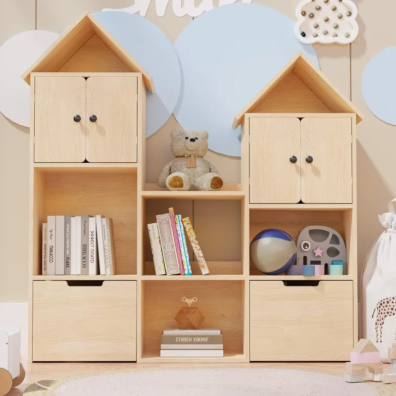 

Wooden Kids Bookshelf with Toy Box, Toy Storage Organizer with Wheels, Kids Bookcase for Playroom, Bedroom