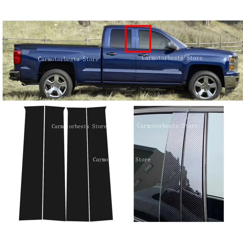 4PCS Gloss Black Pillar Posts Carbon Fit For Chevrolet Silverado MK3 2014-2018 2015 Window Decor Door Side Mouliding Trim Cover