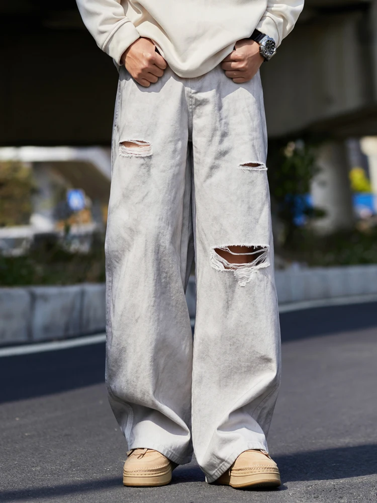 Celana Jeans Pria Model Retro Amerika, Potongan Lurus Longgar, Musim Panas & Semi, Trendi, Gaya High Street, Tie Dye, Distressed, Kasual, Kaki Lebar