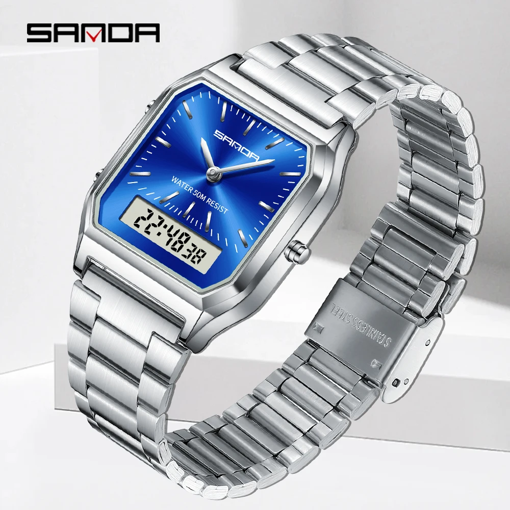 SANDA Luxury Men\'s Watch High Quality Stainless Steel Lady LED Digital Dual Display Clock Unisex Waterproof Sports Quartz Watch