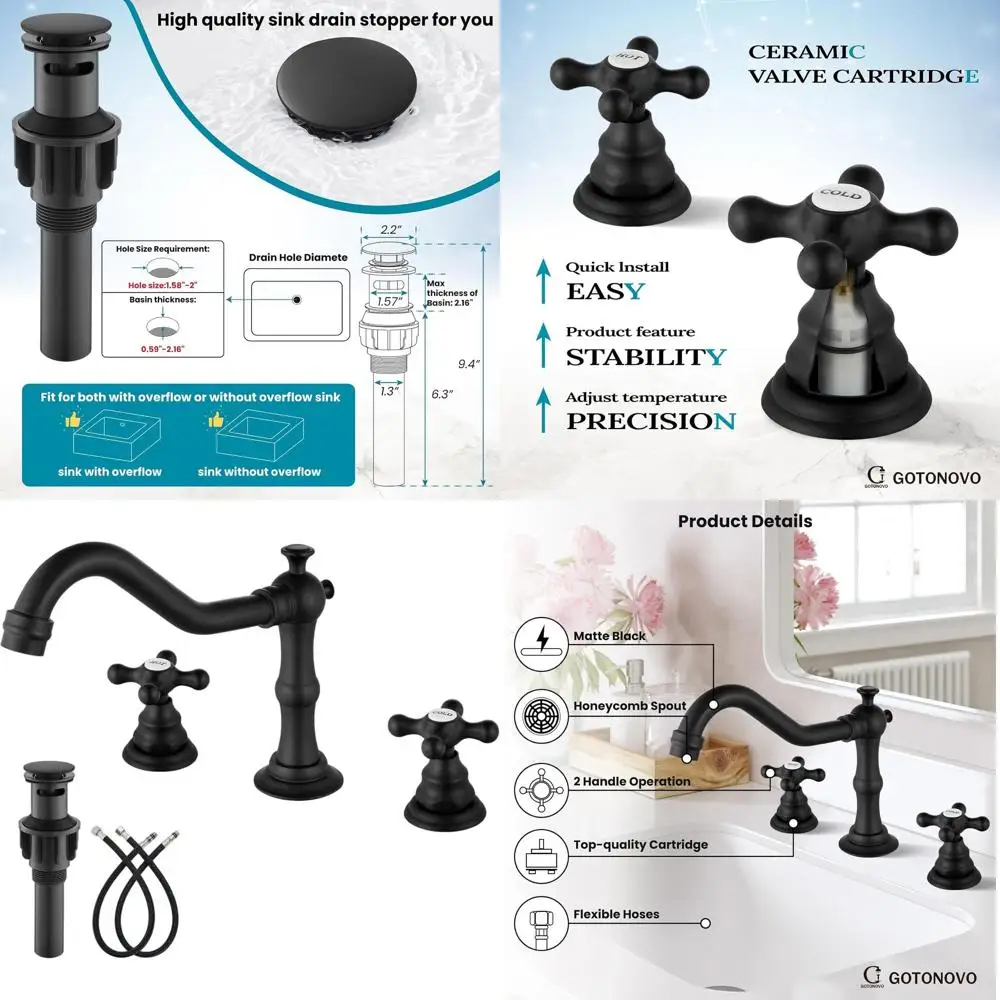 

8 Vintage Matte Black Widespread Sink Faucet with 2 Cross Handles and Pop-Up Drain