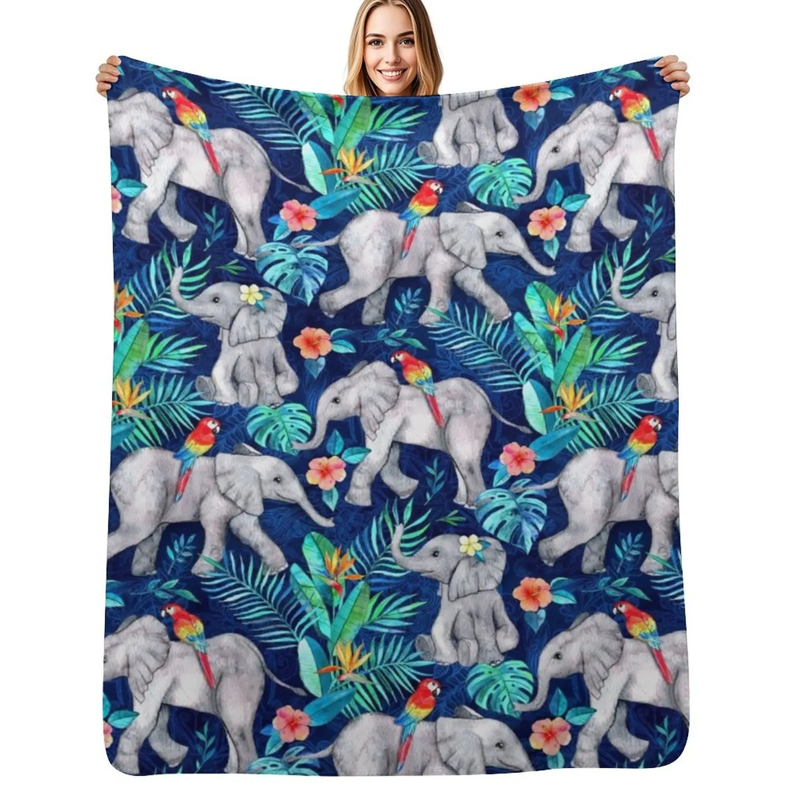 Elephants and Parrots in Indigo Blue Throw Blanket Foldable Soft Warm Blanket for Outdoor Use