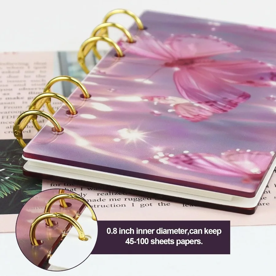 A6 Acrylic 6Ring Binder Notebook Purple Butterfly Loose Leaf Persol Planner Budget Binder 90 Sheets Lined Refills Paper Lay Fla
