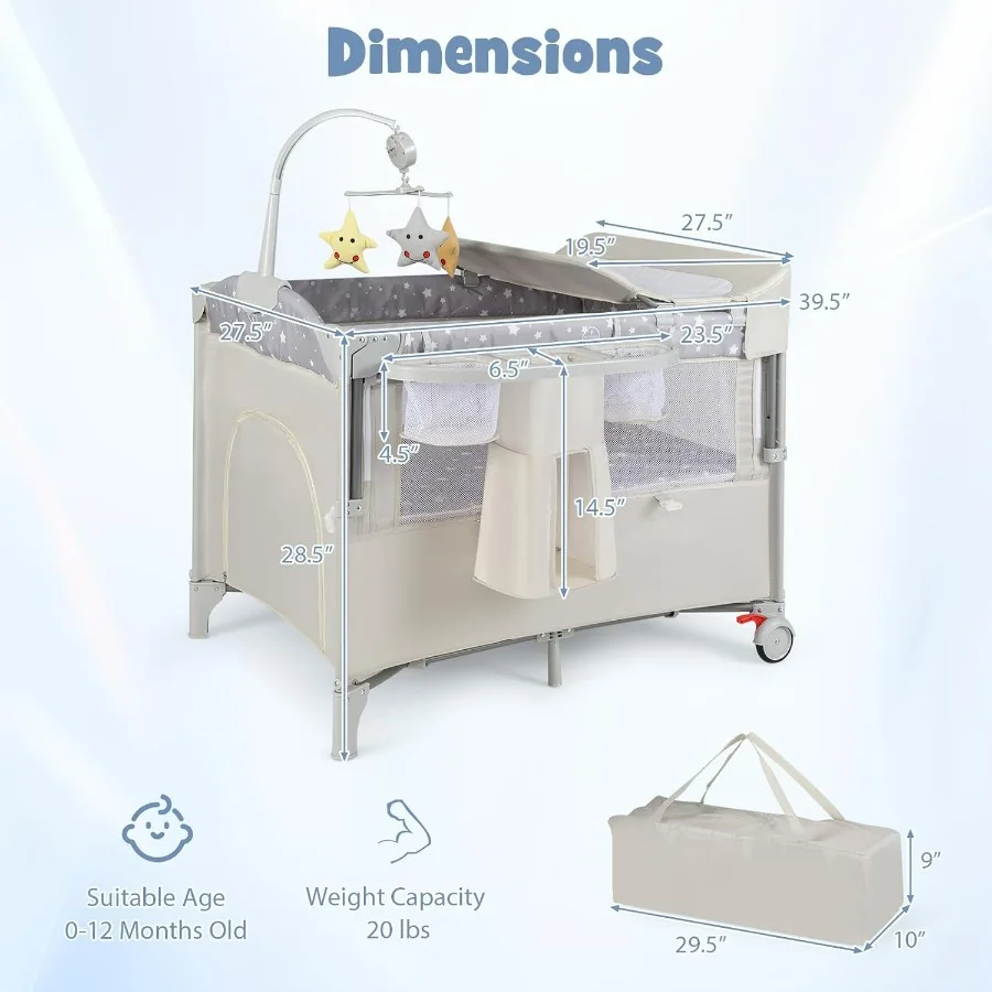 حزمة وتشغيل 5 في 1، نائمة محمولة بجانب السرير للأطفال مع سرير، مبدل حفاضات على شكل حرف U، حزام أمان، مدخل بسحاب جانبي،
