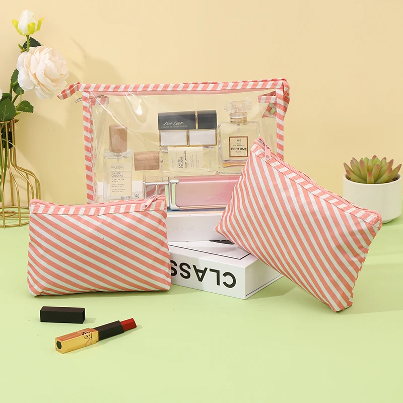 Fashionable Transparent PVC Waterproof Makeup Bag 3-piece set  Flamingo Portable Travel Skincare Storage Bag