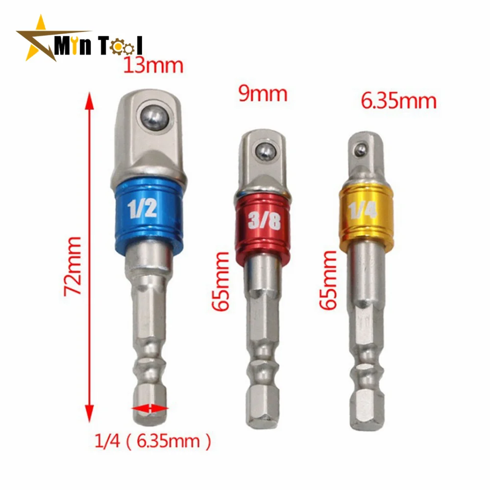 3 Pcs Boor Socket Adapter Boor Extension Boren Bar Socket Adapter 1/4 3/8 1/2 Hex Shank Vierkante Kop Boor bit Handje