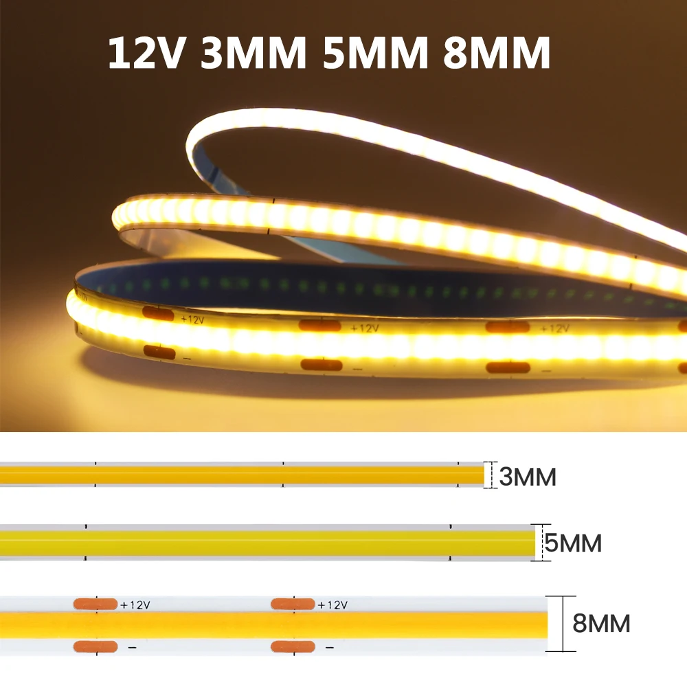 

COB LED Strip Light 12V 320LEDs/m Flexible Rope Tape 3mm 5mm 8mm Width RA90 High Density Linear Lighting Warm Natural Cool White