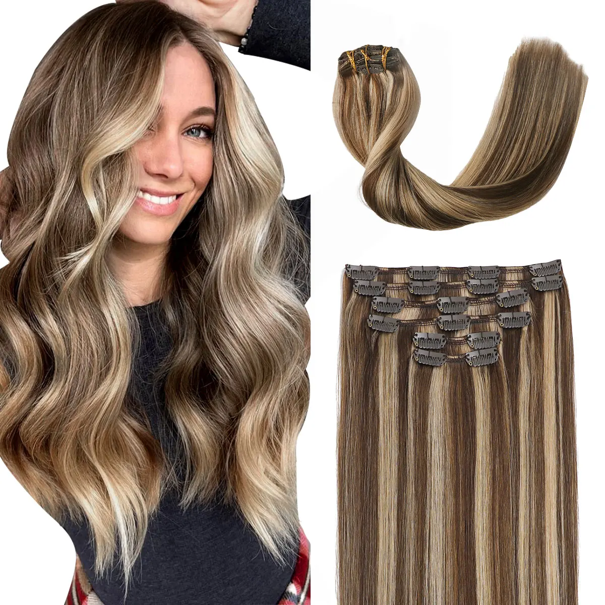 

Sindra Clip in Hair Extensions Human Hair Extensions Brown mixed Caramel Blonde Remy Human Hair Extensions(#4P/27)