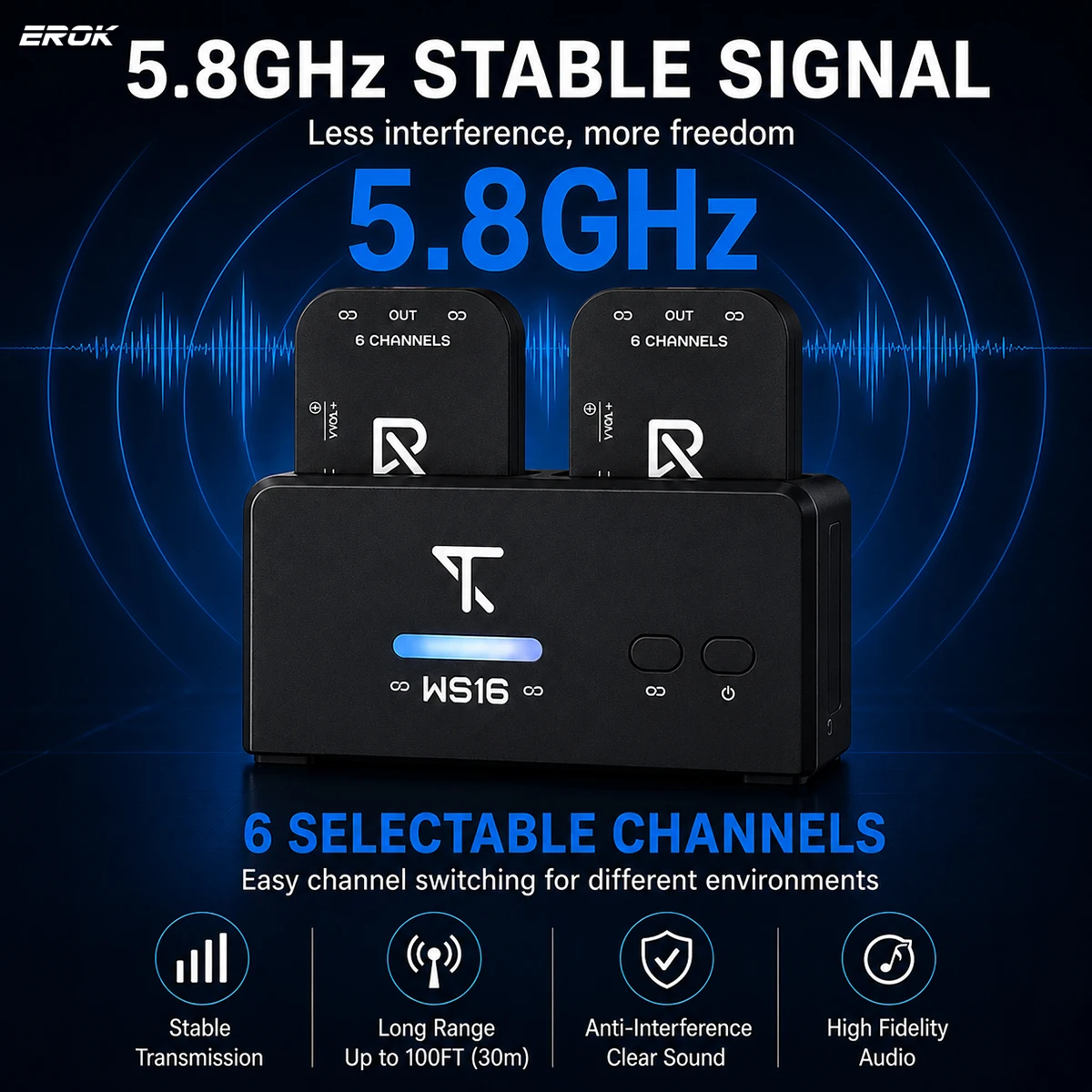 EROK WS16 Wireless IEM System 5.8GHz Low Latency Stereo In Ear Monitor Transmitter Receiver with Charging Case for Musicians