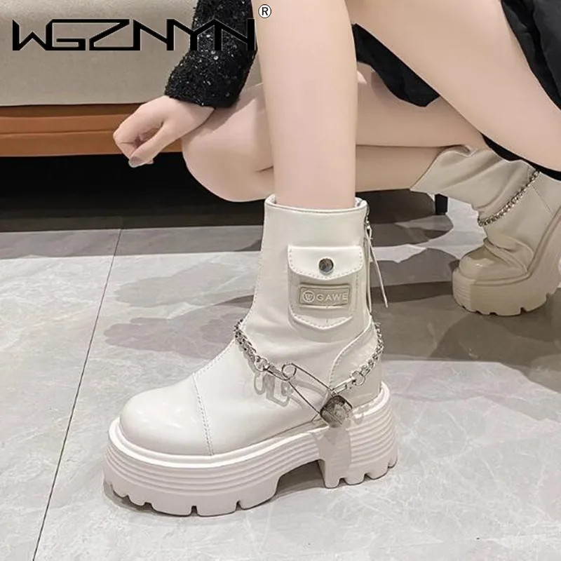 9CM Chunky High Heels Ankle Boots Women New 2024 Winter Platform Motorcycle Boots Woman Zipper Non Slip PU Leather Botas Mujer