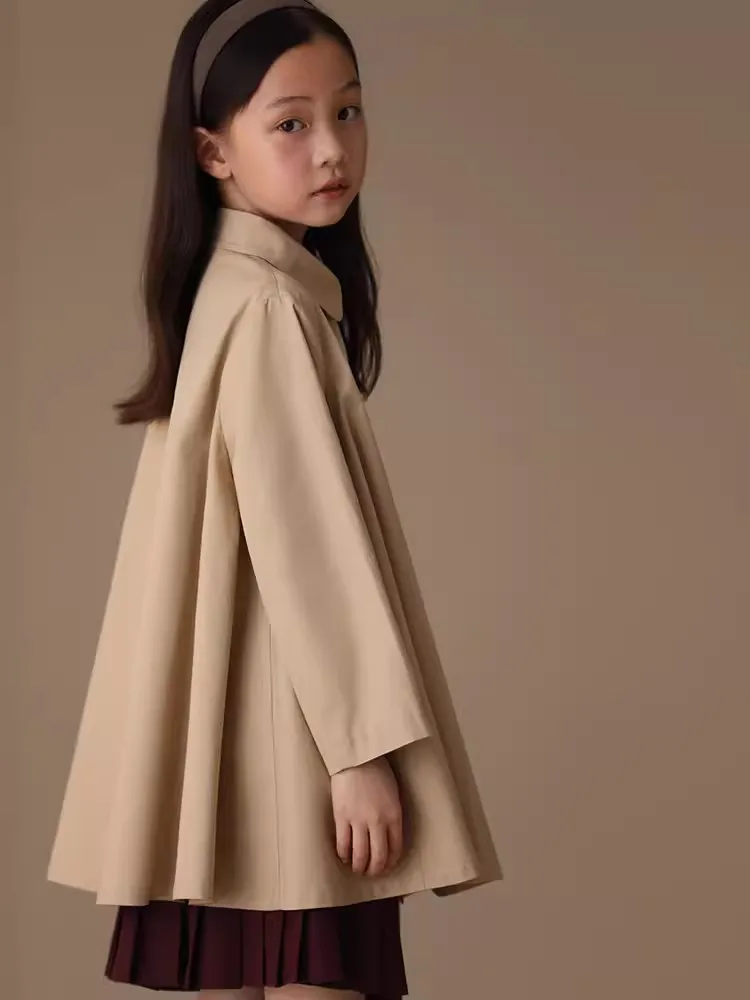 Autumn New Children's Wear Wrinkle Resistant Diagonal Placket Doll Collar Cute Temperament Cape Coat Teen Girls Middle Trench